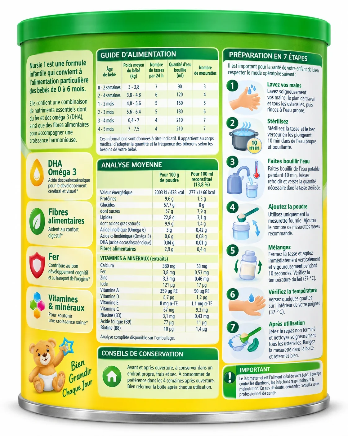 Boîte de lait infantile avec étiquette informative