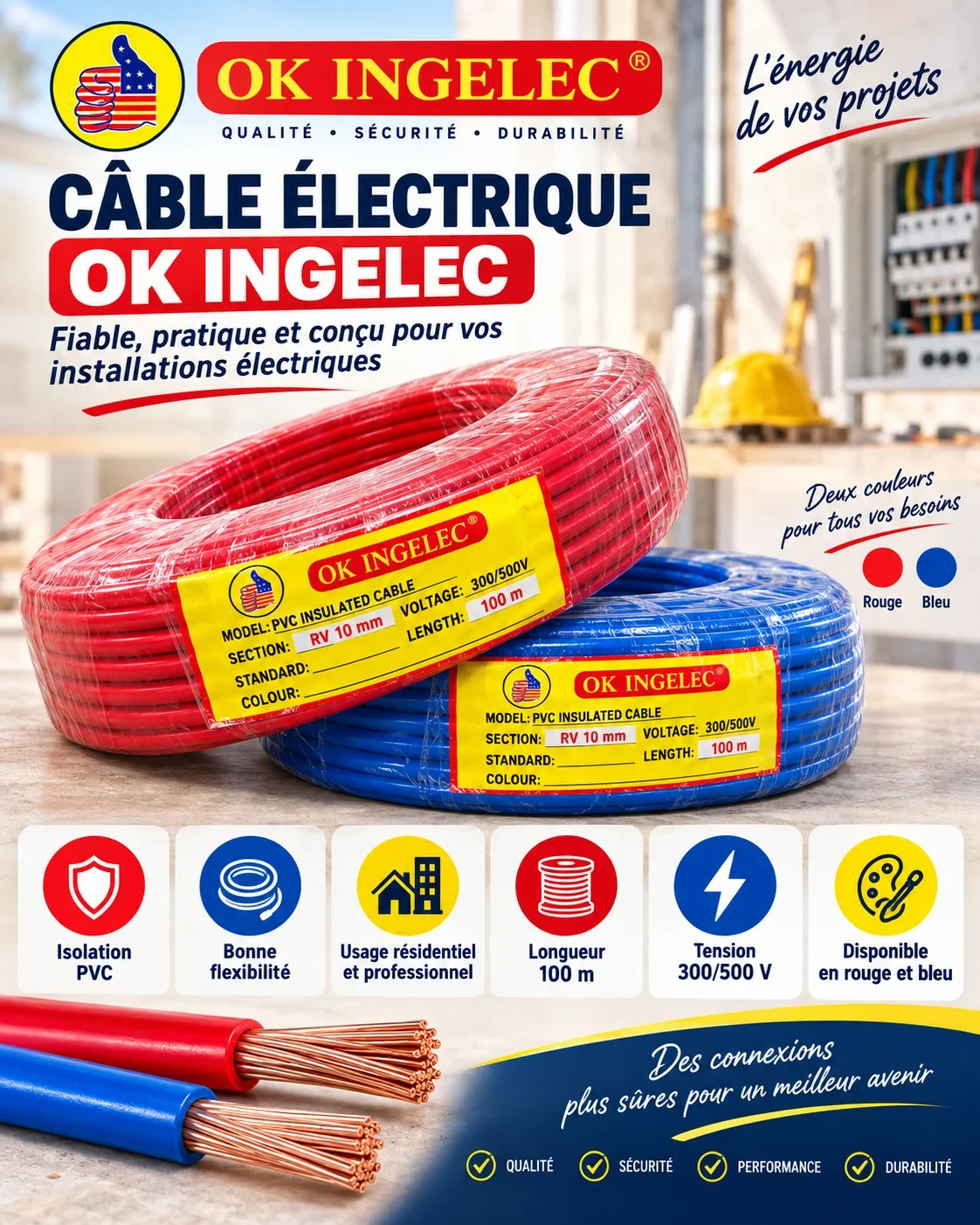 PVC insulated electrical cable, 2 rolls, red/black