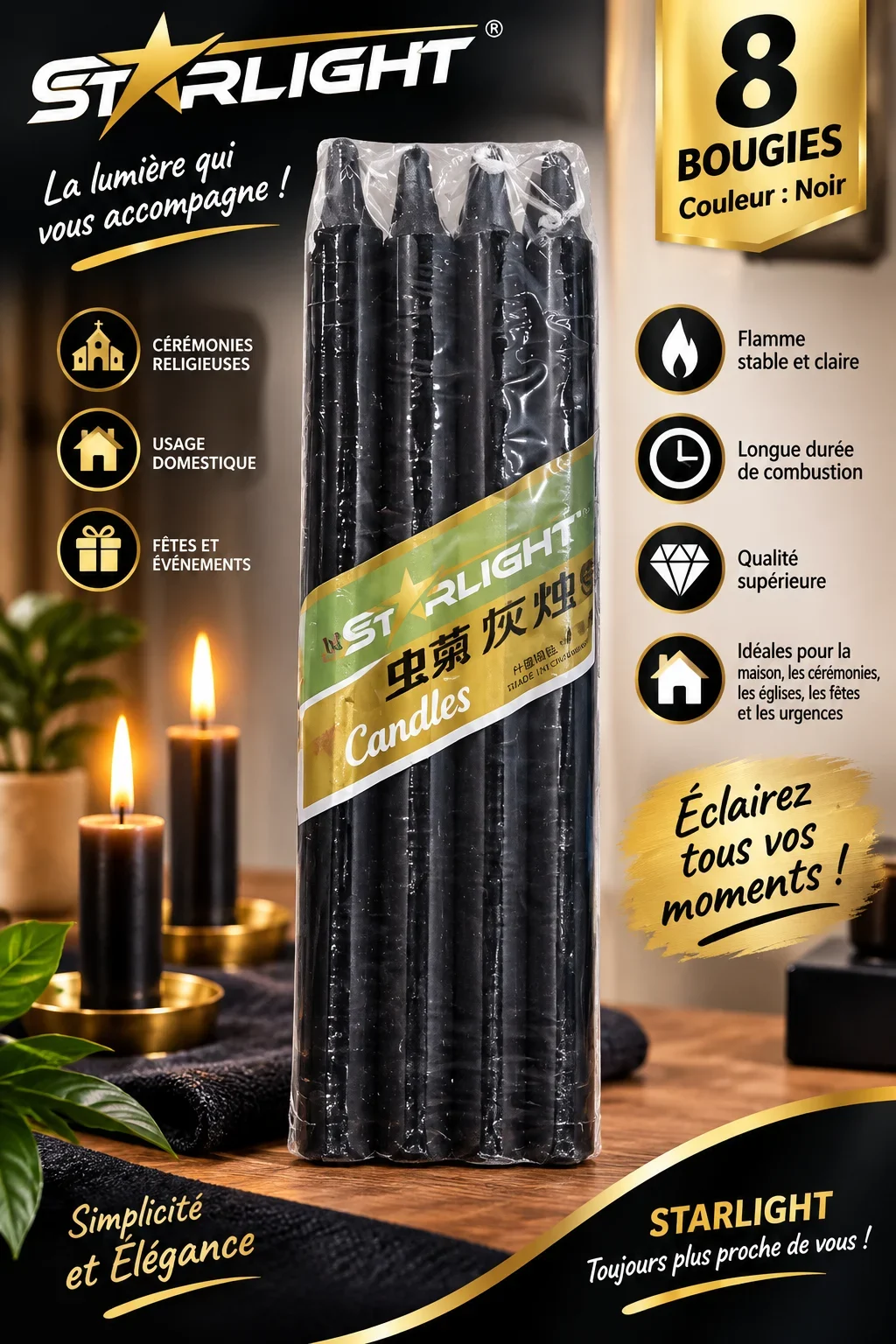 STARLIGHT Black Candles - 8 units