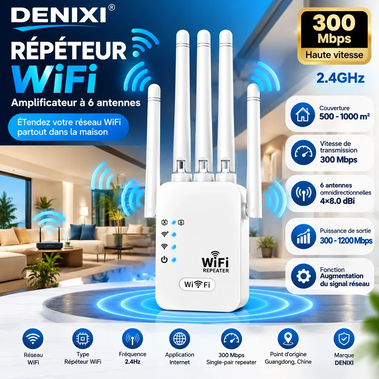 DENIXI WiFi Repeater - 6-Antenna Amplifier