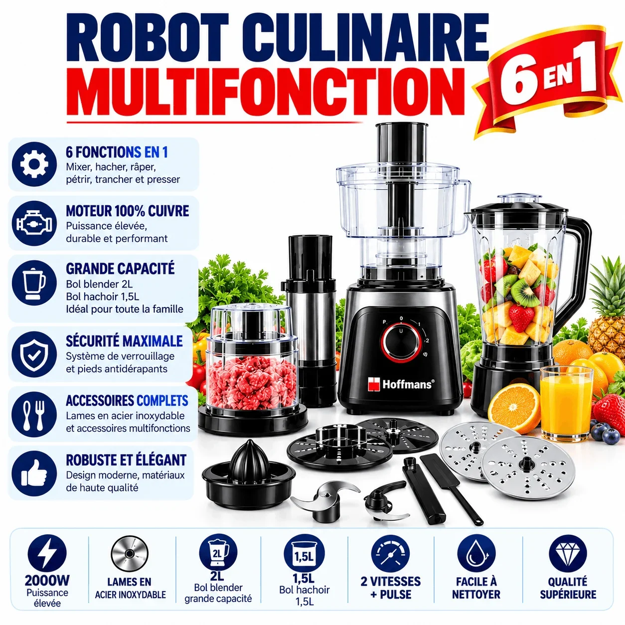 Robot Culinaire Multifonction 6 en 1 Hoffmans