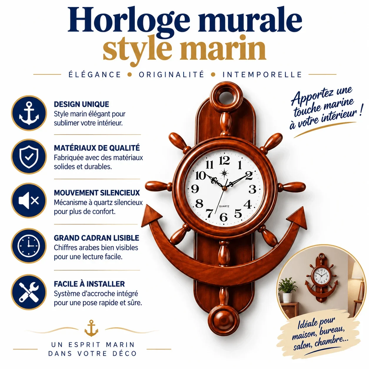Montre ti mur ti style nautique
